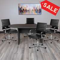 Flash Furniture BLN-6GCGRY595M-BK-GG 5 Piece Rustic Gray Oval Conference Table Set with 4 Black LeatherSoft Ribbed Executive Chairs